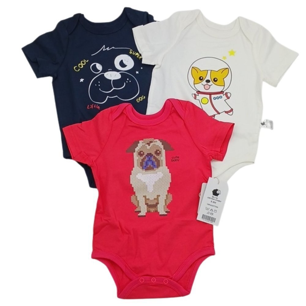 Cotton Fairy Boys Bodysuit Lot 3 Pack Dog Graphic Short Sleeve